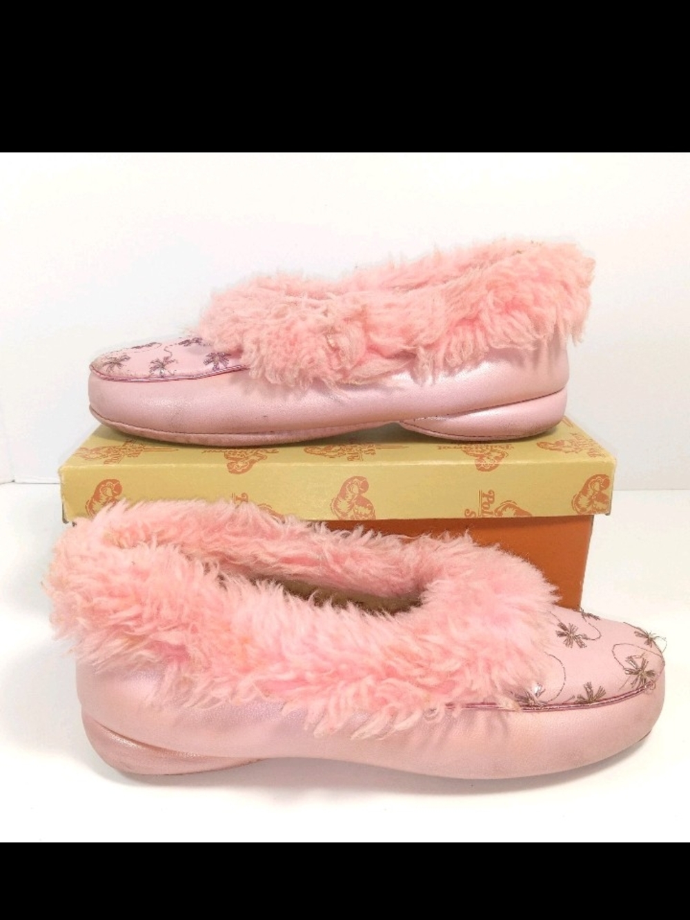 1960s Poll Parrot Pink Plush Faux-Fur Slip-On Kids Slippers Pink